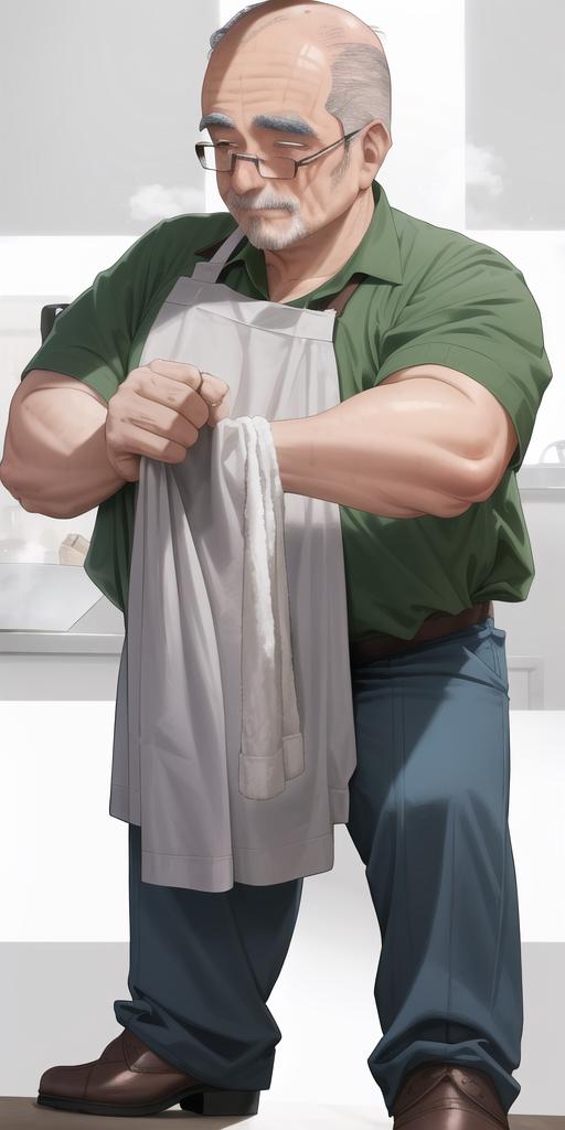 00036_Old_man_clean_shaven_plump_bartender_holding_a_cleaning_rag_apron_green_shirt_blue_pants_brown_boots_seed_3456240908.jpg