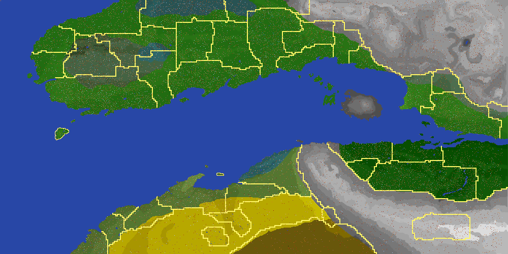 Daggerfall &quot;Climate.pak&quot; data combined with &quot;Woods.wld&quot; heightmap data for shading, borders included and location dots as their correct colors